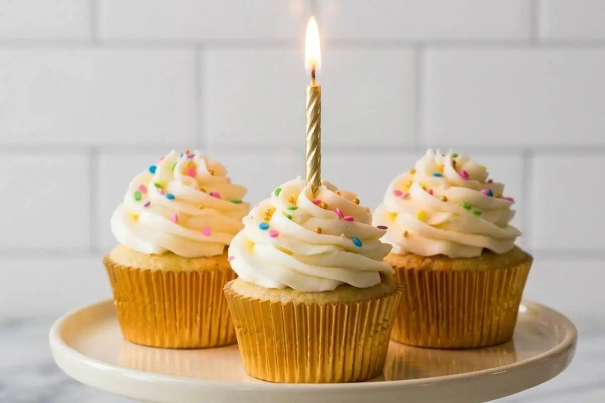 The Ultimate Birthday Cupcakes for People Who Hate Super-Sweet Frosting 3 Three classic vanilla birthday cupcakes baked in shiny gold liners, topped with tall swirls of white buttercream frosting and colorful sprinkles, with a single golden candle glowing brightly on the center cupcake against a white subway tile background.