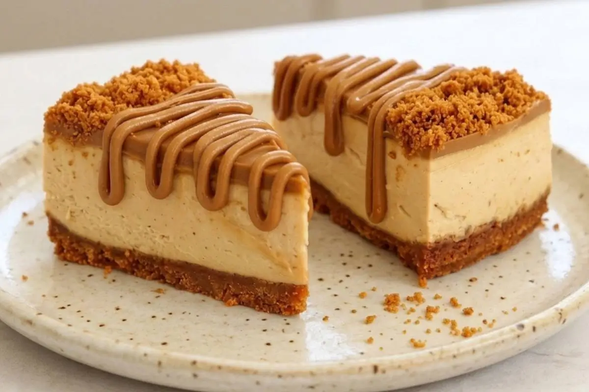 The Dreamiest Biscoff Cheesecake: A Simple Recipe for Beautiful Memories 3 Two thick, creamy slices of Biscoff cheesecake with a spiced cookie crust, beautifully topped with cookie butter drizzle and cookie crumbs, resting on a rustic speckled plate.