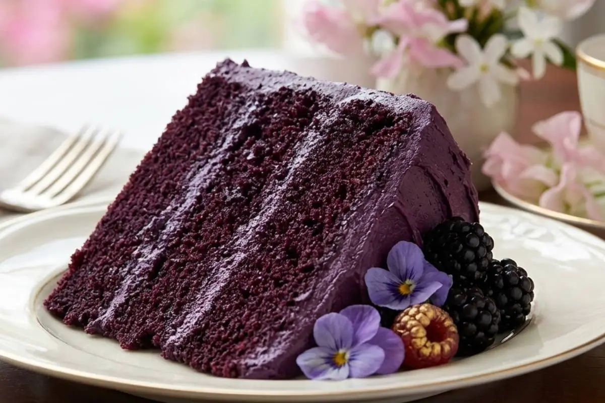 The Ultimate Old-Fashioned Blackberry Cake (Just Like Grandma Made) 3 A thick, moist slice of deep purple blackberry cake layered with vibrant blackberry frosting, served on an elegant white plate and garnished with fresh blackberries, a golden raspberry, and delicate edible flowers.