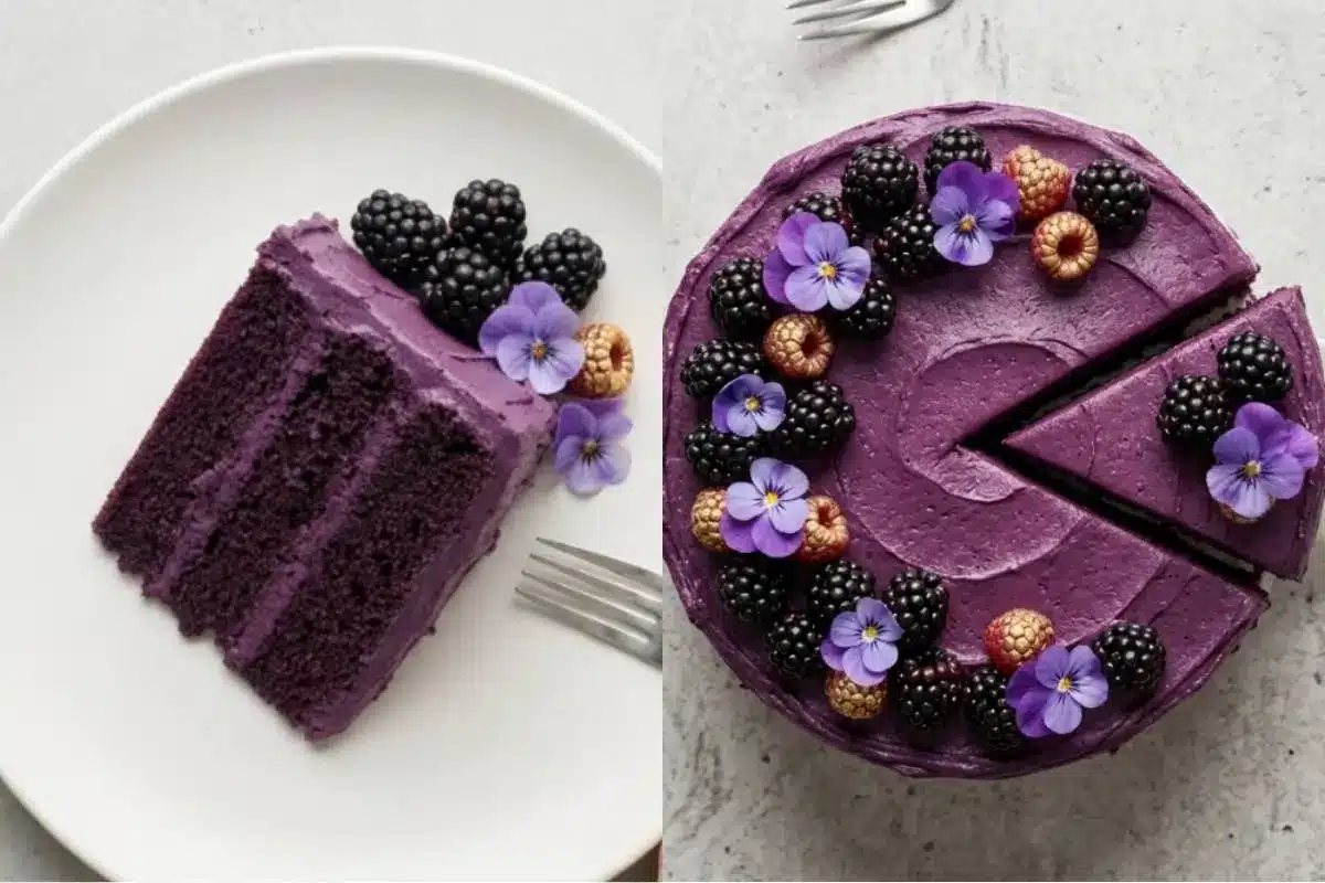 Blackberry velvet cake A side-by-side view showing a perfect slice of our blackberry velvet cake recipe with three distinct, dark purple layers on a simple white plate, alongside an overhead shot of the whole frosted cake beautifully decorated with fresh blackberries, golden raspberries, and delicate purple edible flowers.
