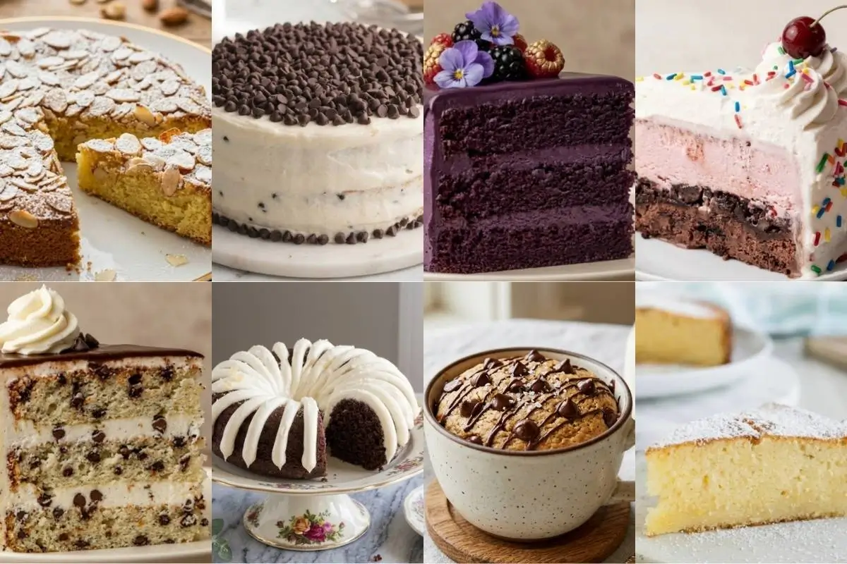 The Complete Guide to Baking Perfect Cakes: 8 Foolproof Recipes 2 Perfect Cakes A beautiful collage of our favorite comforting cake recipes, featuring a rustic almond cookie, a layered cannoli cake stack, a vibrant blackberry cake, a nostalgic ice cream cake slice, and a cozy mug cake, all resting on simple plates and warm, lived-in surfaces.