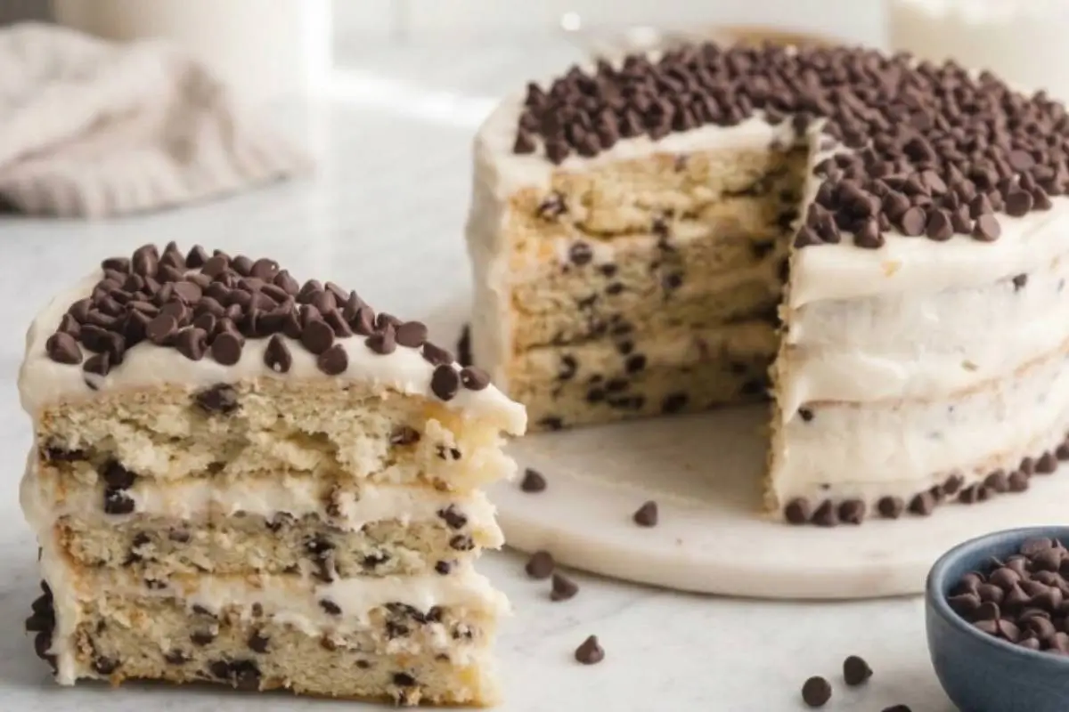 The Joyful & Simple Cannoli Cake Recipe (A Foolproof Family Recipe) 3 A moist, multi-layered cannoli cake filled with rich ricotta cream and mini chocolate chips, with one slice served on a marble surface, perfectly capturing the nostalgia of traditional Italian desserts.