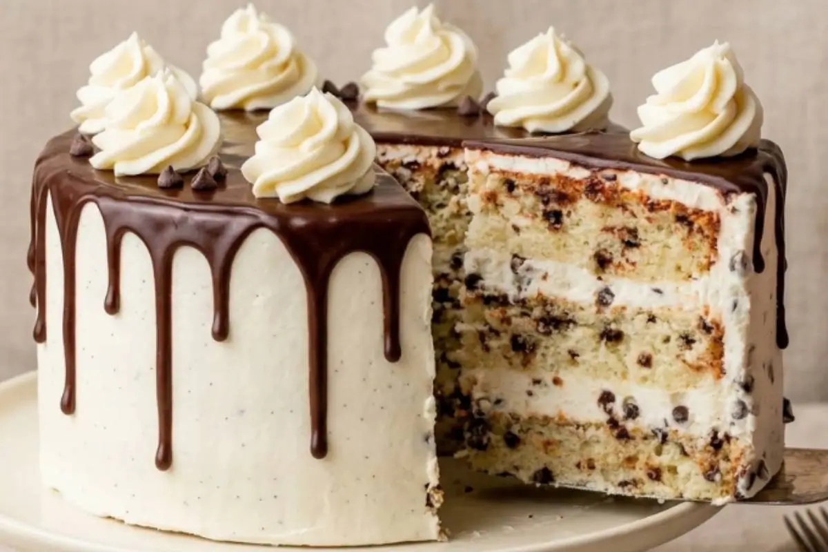 The Foolproof Chocolate Chip Cake Your Family Will Love 3 A beautiful slice being served from a rustic, multi-layered chocolate chip cake decorated with fluffy white buttercream, a rich dark chocolate drip, and piped rosettes, sitting on a warm ceramic cake stand.