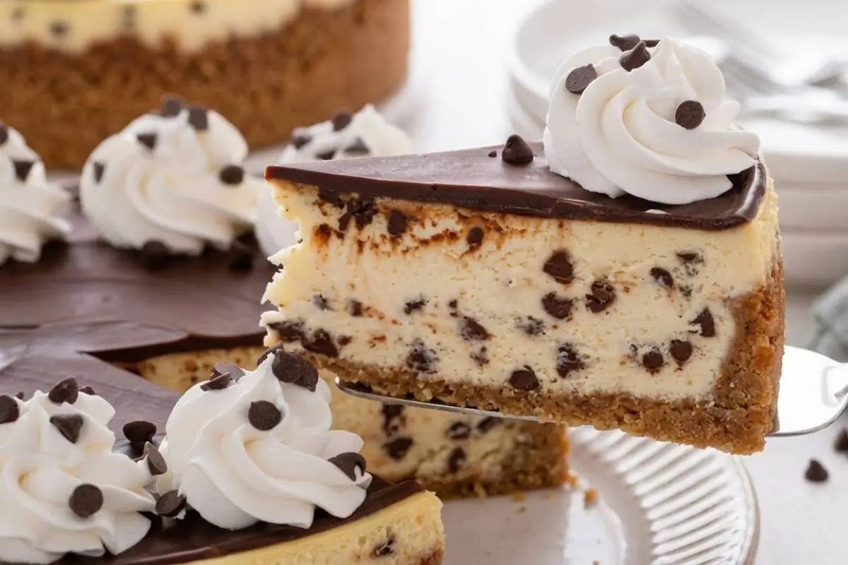 The Best Chocolate Chip Cheesecake You Will Ever Eat 3 A thick slice of creamy chocolate chip cheesecake with a classic graham cracker crust, topped with rich chocolate ganache and fluffy whipped cream, being lifted on a silver dessert server.