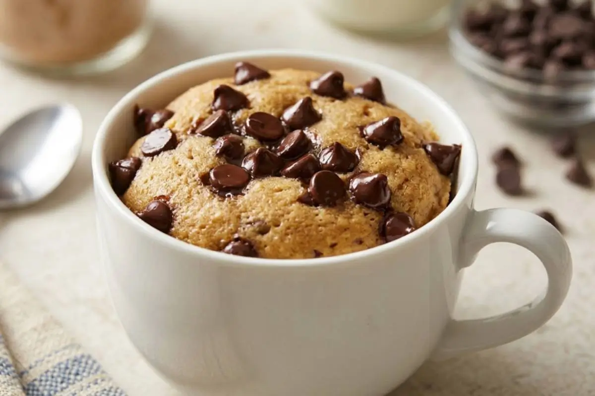 A freshly baked chocolate chip mug cake studded with melting chocolate morsels, served warmly in a classic white ceramic mug on a light, rustic table setting with a spoon resting nearby.