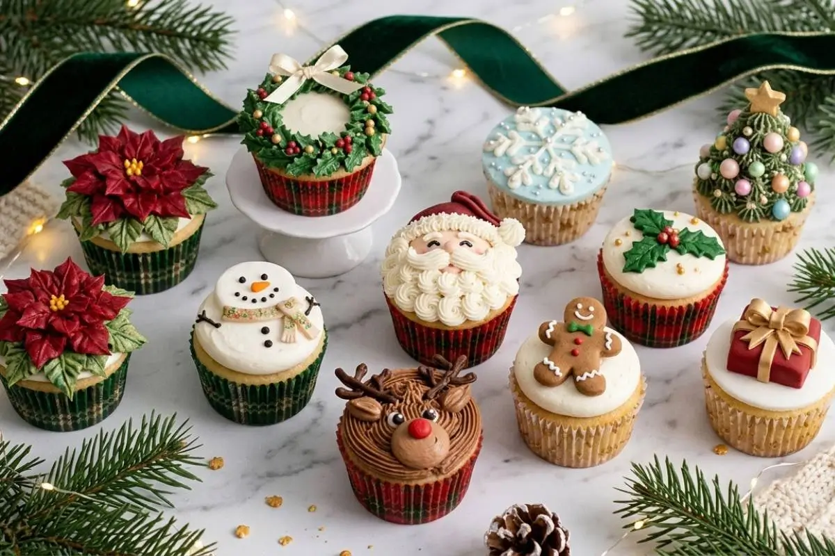 The Best Christmas Cupcakes: A Foolproof, Heartwarming Holiday Tradition 3 A beautifully arranged assortment of Christmas cupcakes on a white marble surface, featuring festive buttercream designs including a Santa face, reindeer, snowman, poinsettia, wreath, and gingerbread man, surrounded by warm holiday lights and pine branches.