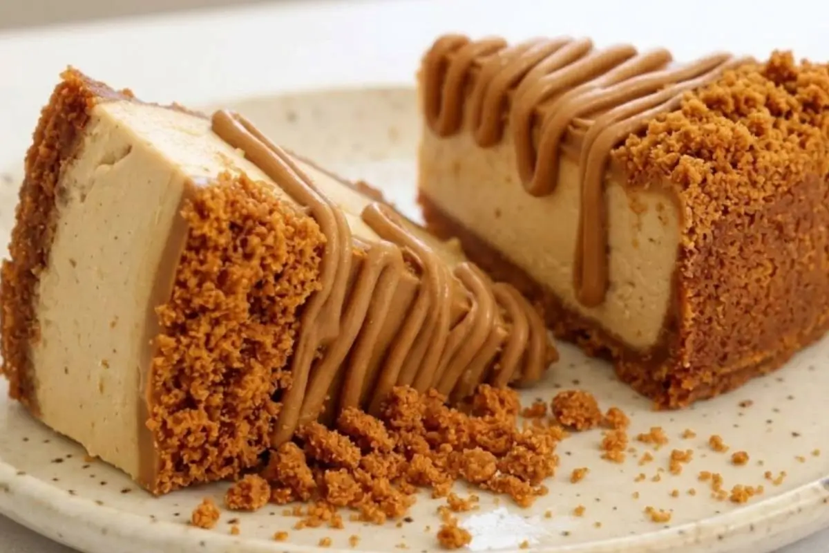 Easy Biscoff Cheesecake_ Two beautiful slices of easy Biscoff cheesecake resting on a rustic, speckled ceramic plate, featuring a thick spiced cookie crumb crust, a creamy center, and a rich, melted cookie butter drizzle.