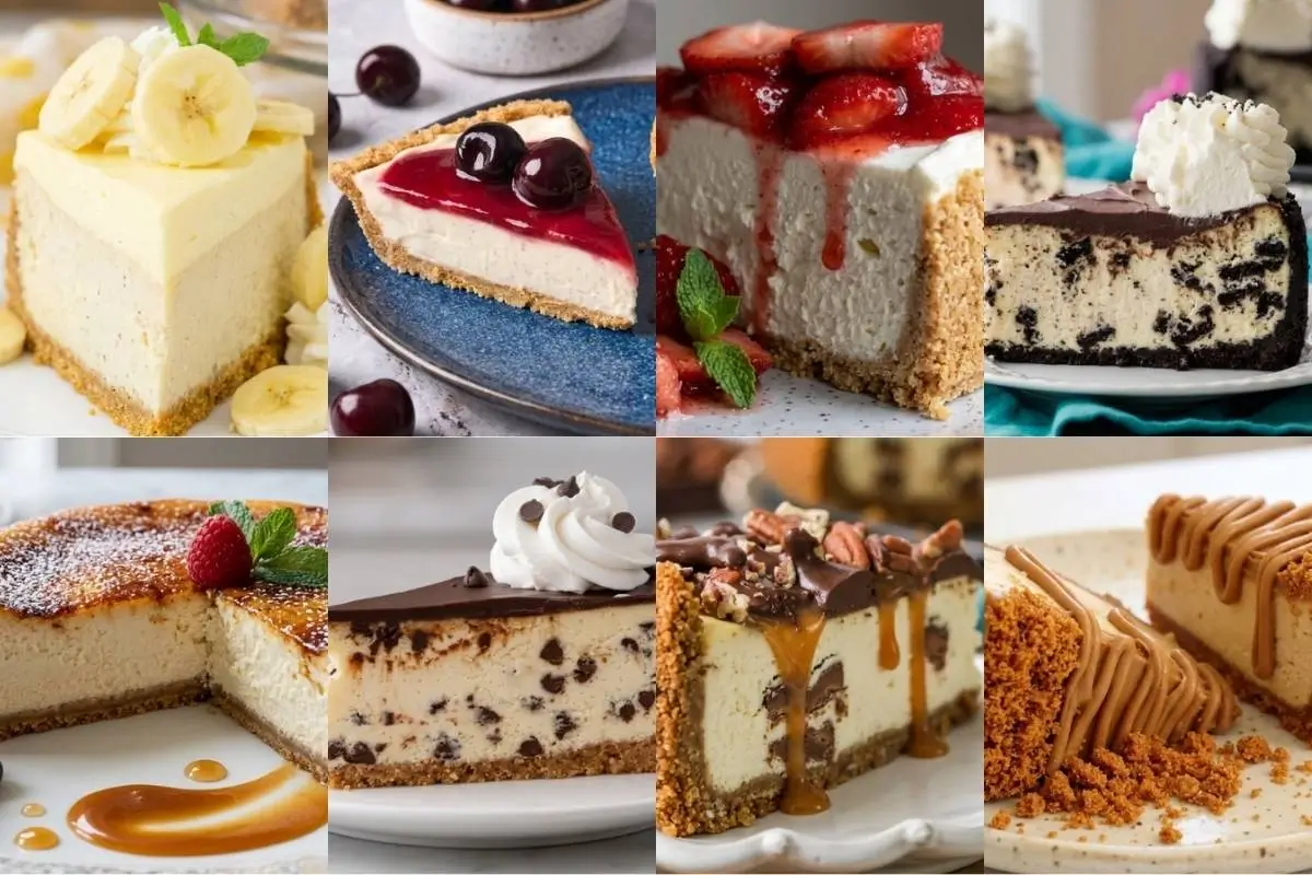 How to Make Perfect Cheesecake: 8 Foolproof Recipes 2 A beautifully inviting collage of eight different Perfect Cheesecake variations, featuring slices topped with fresh strawberries, cherries, bananas, chocolate chips, and caramel, all warmly presented on rustic plates.