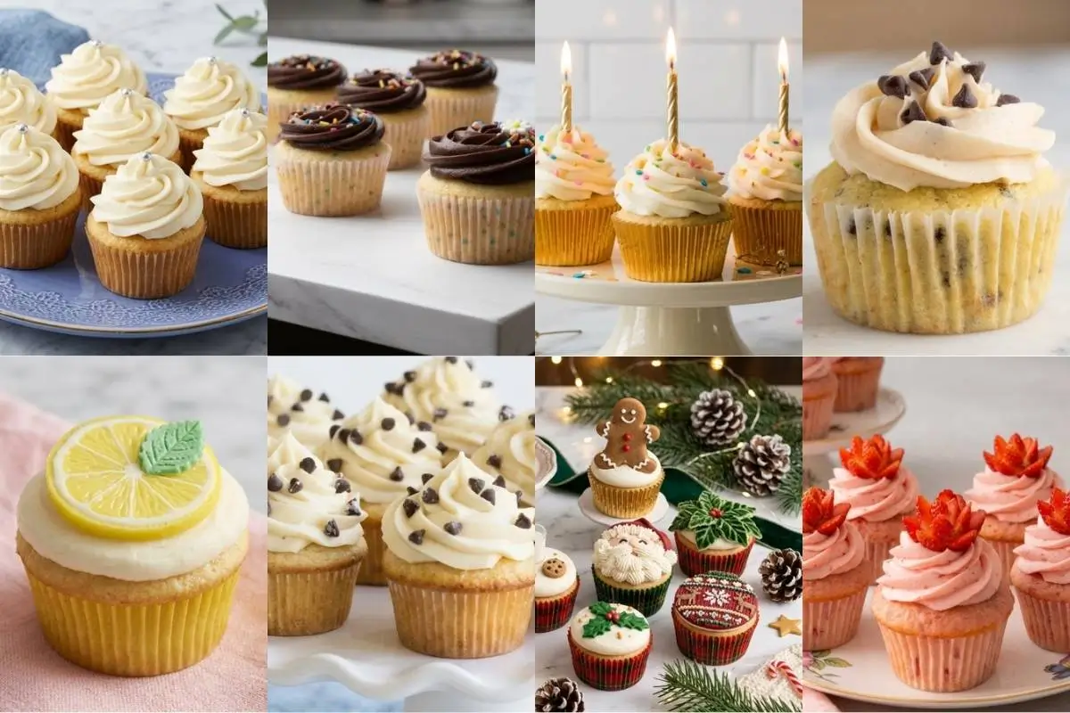 Easy Cupcake A vibrant collage of beautifully rustic cookie cup recipes, featuring vanilla, chocolate frosted, birthday, chocolate chip, lemon, cannoli, festive Christmas, and strawberry cookie cups displayed on inviting, cozy surfaces.