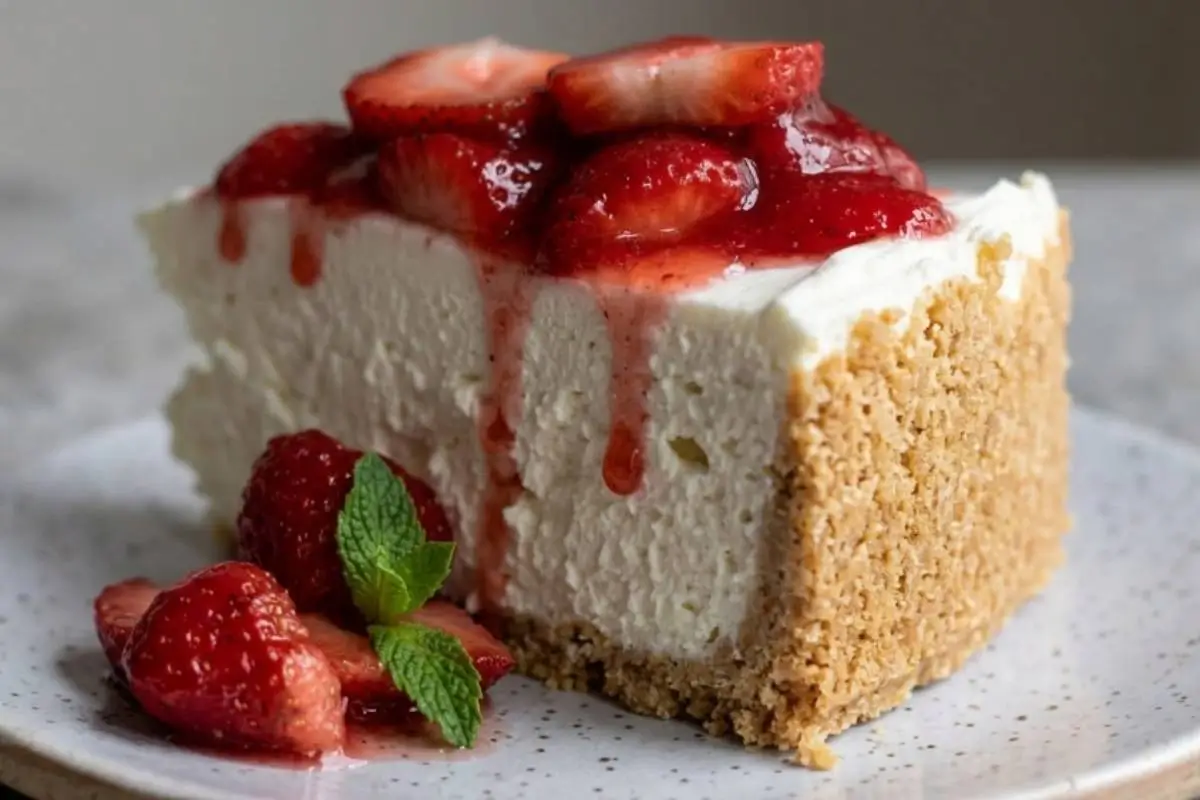 Easy Italian Cheesecake_ A beautiful slice of easy Italian cheesecake resting on a rustic speckled plate, featuring a thick golden crumb crust, a light and creamy center, and finished with fresh sliced strawberries, sweet red syrup, and a sprig of mint.