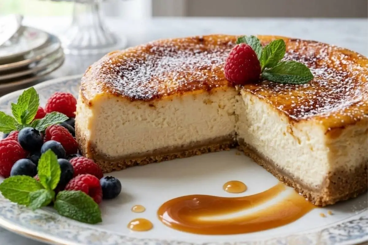 Easy Vegan Ricotta Cheesecake_ A beautifully baked easy vegan ricotta cheesecake with one slice removed, resting on an ornate vintage plate, featuring a thick rustic crust, a creamy dairy-free center, a golden top dusted with powdered sugar, and garnished with fresh raspberries, blueberries, mint leaves, and a sweet caramel swirl.