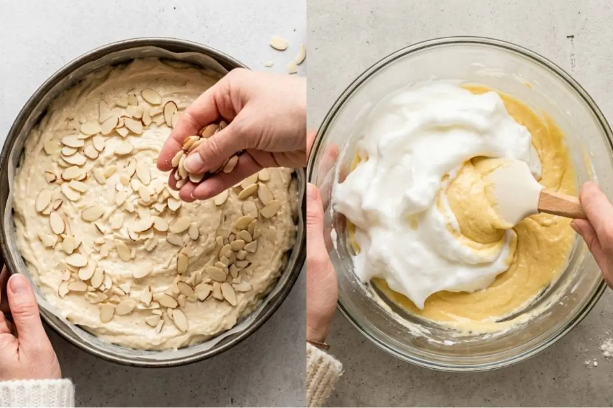 Elena’s No-Fail Tips For Your Almond Ricotta Cake A side-by-side view showing the delicate steps of an almond ricotta cake recipe, with one image showing fluffy whipped egg whites being gently folded into the batter with a spatula, and the other showing a hand sprinkling sliced almonds over the top before baking.