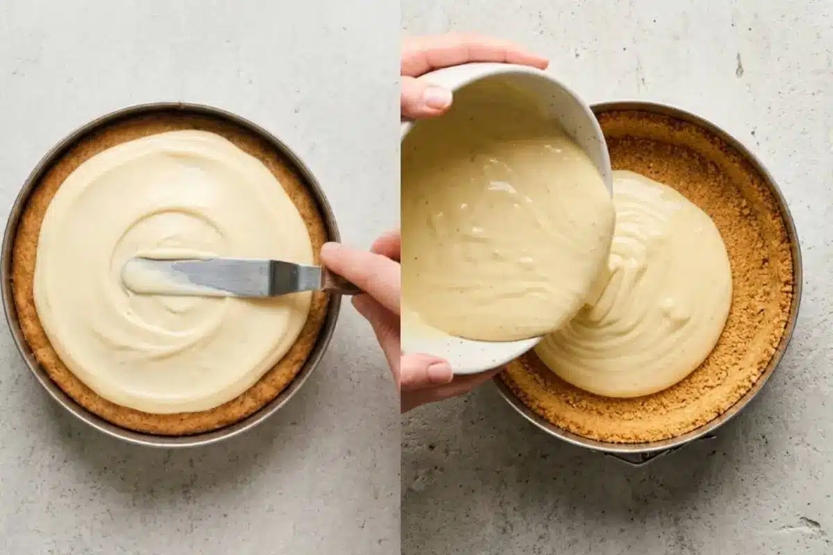 Elena’s No-Fail Tips For Your Banana Cheesecake Captured from an overhead static angle on a light-grey textured concrete backdrop, this split image illustrates the satisfying final assembly of a banana cheesecake; on the right, a hand pours silky, creamy batter from a bowl into a golden cookie crust, and on the left, an offset spatula gently smooths the filling into an even layer.