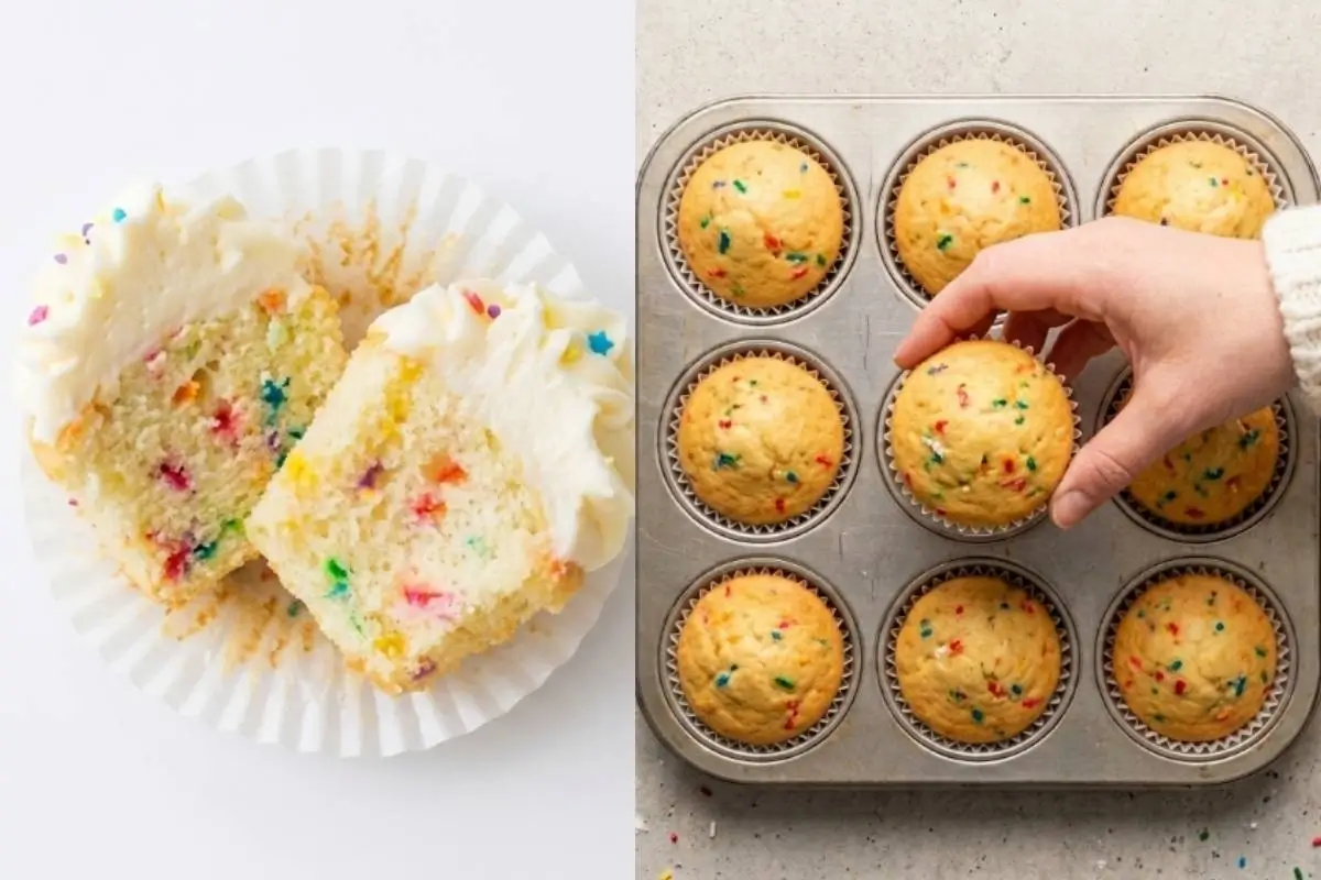 Elena’s No-Fail Tips For Your Birthday Cupcakes A side-by-side view displaying the beautiful results of these no-fail birthday cupcakes, featuring a frosted vanilla cupcake cut in half to show its fluffy, sprinkle-filled crumb on the left, and a hand gently removing a warm, freshly baked cupcake from a metal muffin tin on the right.