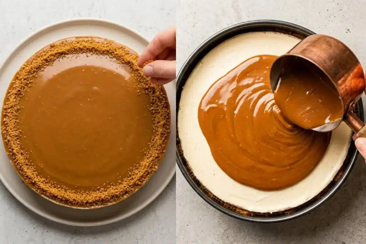 Elena’s No-Fail Tips For Your Biscoff Cheesecake A split image demonstrating no-fail tips for your Biscoff cheesecake, featuring a hand on the right smoothly pouring a warm, rich cookie butter glaze from a rustic copper pot over a creamy cheesecake, and a hand on the left gently sprinkling crushed Biscoff cookies around the glossy edge of the finished dessert.
