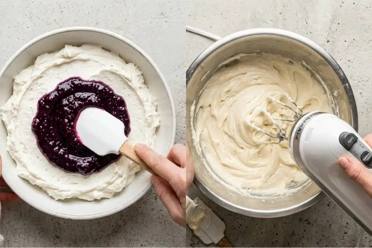 Elena’s No-Fail Tips For Your Blackberry Cake A side-by-side view showing a baker's hand gently swirling a rich, vibrant blackberry puree into a fluffy white filling with a spatula, and using a hand mixer to whip a smooth, creamy frosting in a metal bowl for our beautiful blackberry cake recipe.