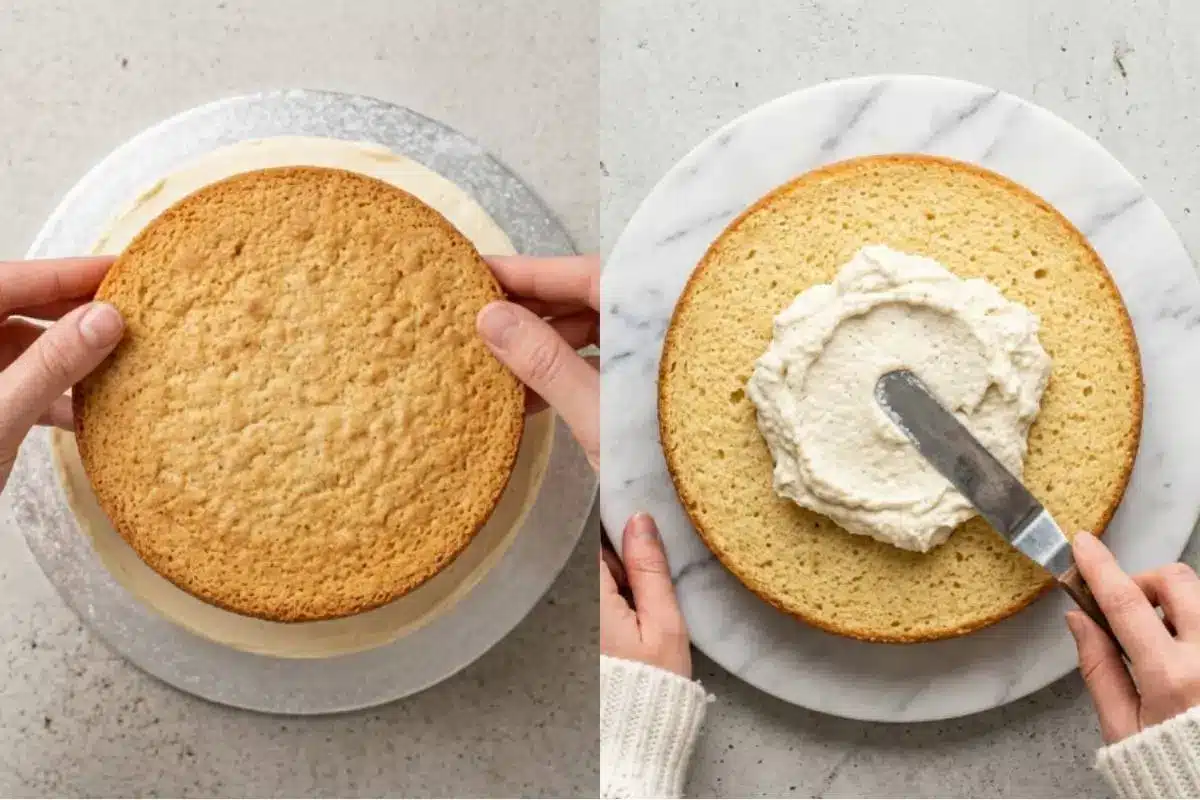 Elena’s No-Fail Tips For Your Cannoli Cake Recipe A side-by-side view showing a baker's hands gently placing a golden cake layer onto a frosted base, and using an offset spatula to smoothly spread a thick, sweet ricotta filling over a freshly baked sponge, demonstrating the easy assembly process for our cannoli cake recipe.