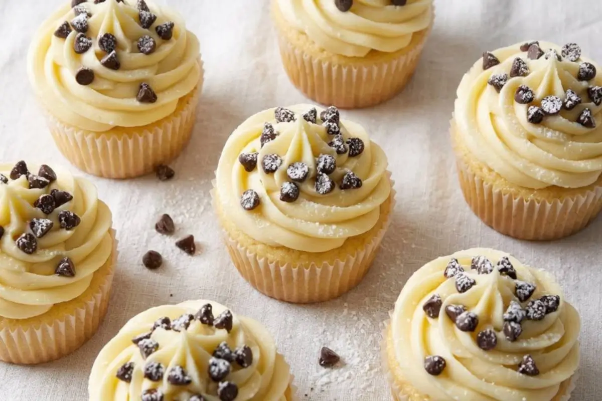 Elena’s No-Fail Tips For Your Cannoli Cupcakes A comforting, overhead view of perfectly frosted cannoli cupcakes sitting on a lived-in linen cloth, generously topped with creamy mascarpone swirls, mini chocolate chips, and a rustic dusting of powdered sugar.