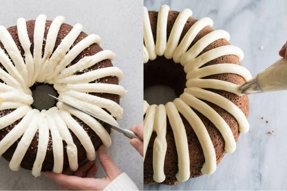 Elena’s No-Fail Tips For Your Chocolate Chip Bundt Cake A side-by-side demonstration of no-fail tips for a chocolate chip bundt cake, showing someone gently slicing the freshly iced cake on the left and piping thick, creamy white frosting over the chocolate ridges on the right.