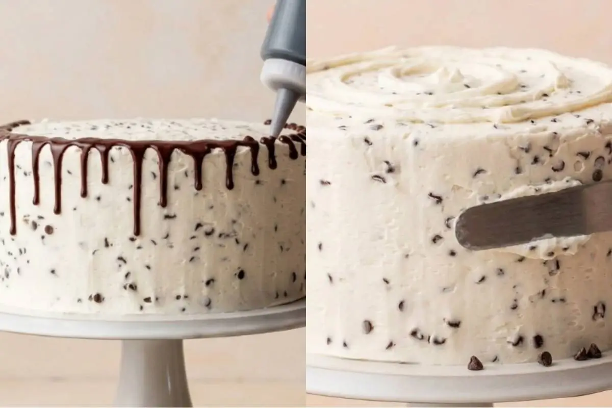 Elena’s No-Fail Tips For Your Chocolate Chip Cake A side-by-side view showing a squeeze bottle carefully piping a dark chocolate drip onto the top edge of a chocolate chip cake, alongside a metal offset spatula gently smoothing fluffy, chip-speckled buttercream on a classic white cake stand.