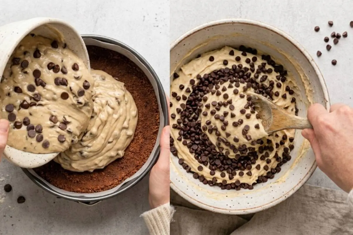 Elena’s No-Fail Tips For Your Chocolate Chip Cheesecake An overhead static angle of hands using a rustic wooden spoon to gently fold chocolate chips into a thick batter in a ceramic bowl, alongside a shot pouring the finished chocolate chip cheesecake filling into a prepared crust on a light-grey textured concrete backdrop.