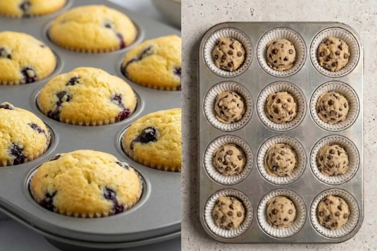 A side-by-side view showing perfectly golden baked chocolate chip cupcakes resting in a metal muffin tin on the left, and evenly scooped raw batter filled with chocolate chips sitting in white paper liners on the right.