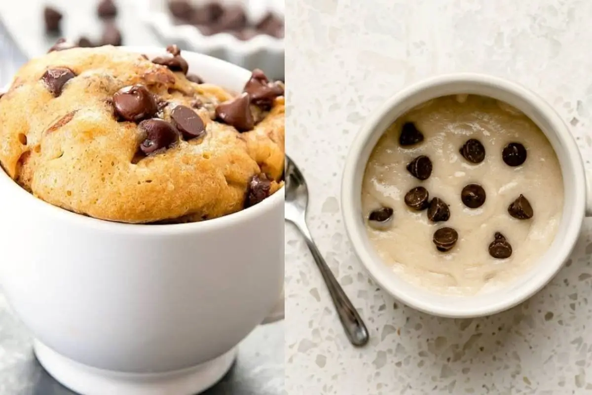 A side-by-side comparison demonstrating no-fail baking tips, showing a warm, perfectly baked chocolate chip mug cake overflowing with melted morsels on the left, and the raw, smooth batter dotted with chocolate chips in a simple white ceramic mug on the right.