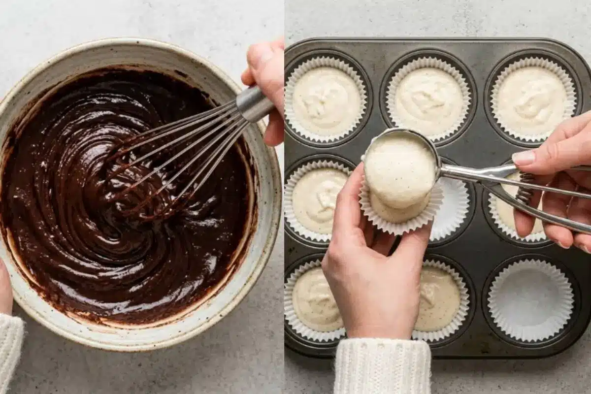 Elena’s No-Fail Tips For Your Gluten-Free Cupcakes A side-by-side view illustrating no-fail tips for gluten-free cupcakes, featuring a hand whisking a glossy, dark chocolate batter in a rustic ceramic bowl on the left, and a hand using a metal scoop to perfectly portion light vanilla batter into a paper-lined muffin tin on the right.