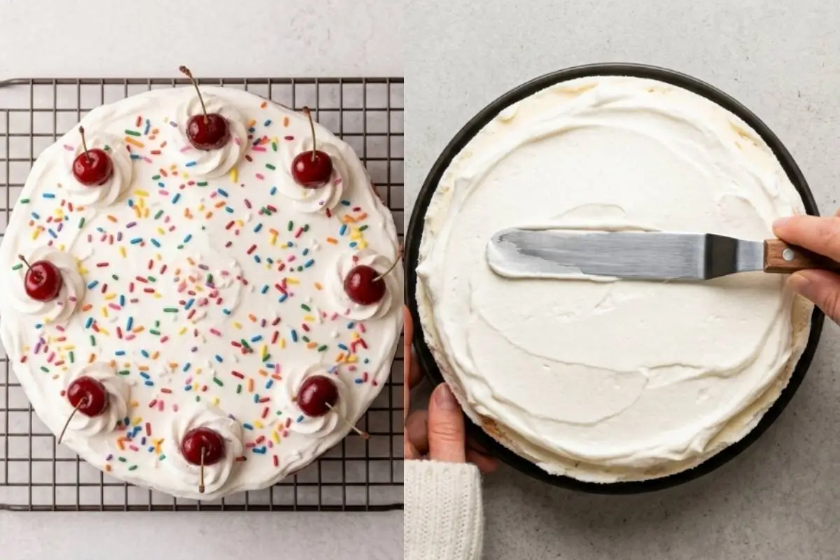 Elena’s No-Fail Tips For Your Ice Cream Cake recipe A side-by-side demonstration of simple decorating steps for our ice cream cake recipe, showing a hand gently smoothing fluffy white frosting with a metal offset spatula on the right, and the beautiful finished dessert decorated with whipped cream rosettes, colorful sprinkles, and fresh cherries resting on a wire cooling rack on the left.