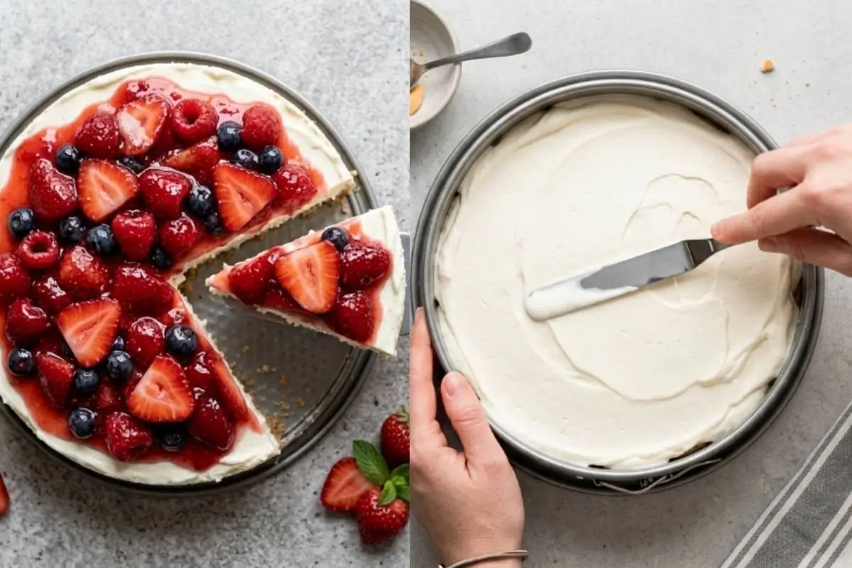 Elena’s No-Fail Tips For Your Italian Cheesecake A side-by-side overhead view showing a smooth, creamy filling being expertly leveled with an offset spatula in a round baking pan on the right, and a beautiful giant Italian ricotta cookie richly topped with fresh strawberries, raspberries, and blueberries on the left.
