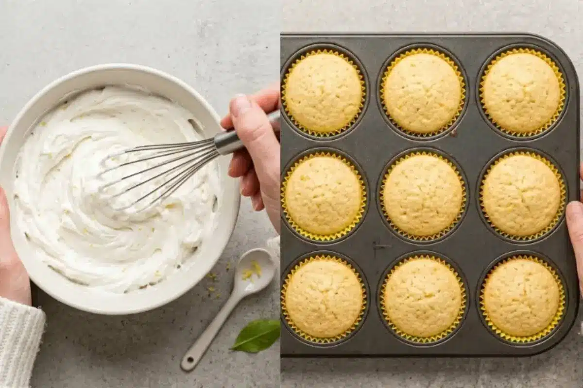 Elena’s No-Fail Tips For Your Lemon Cupcakes A side-by-side visual demonstrating Elena's no-fail tips for your lemon cupcakes, showing hands whisking a fluffy, bright lemon frosting in a rustic white bowl on the left, and a dark metal tin filled with perfectly baked, golden-domed cupcakes in bright yellow paper liners on the right.