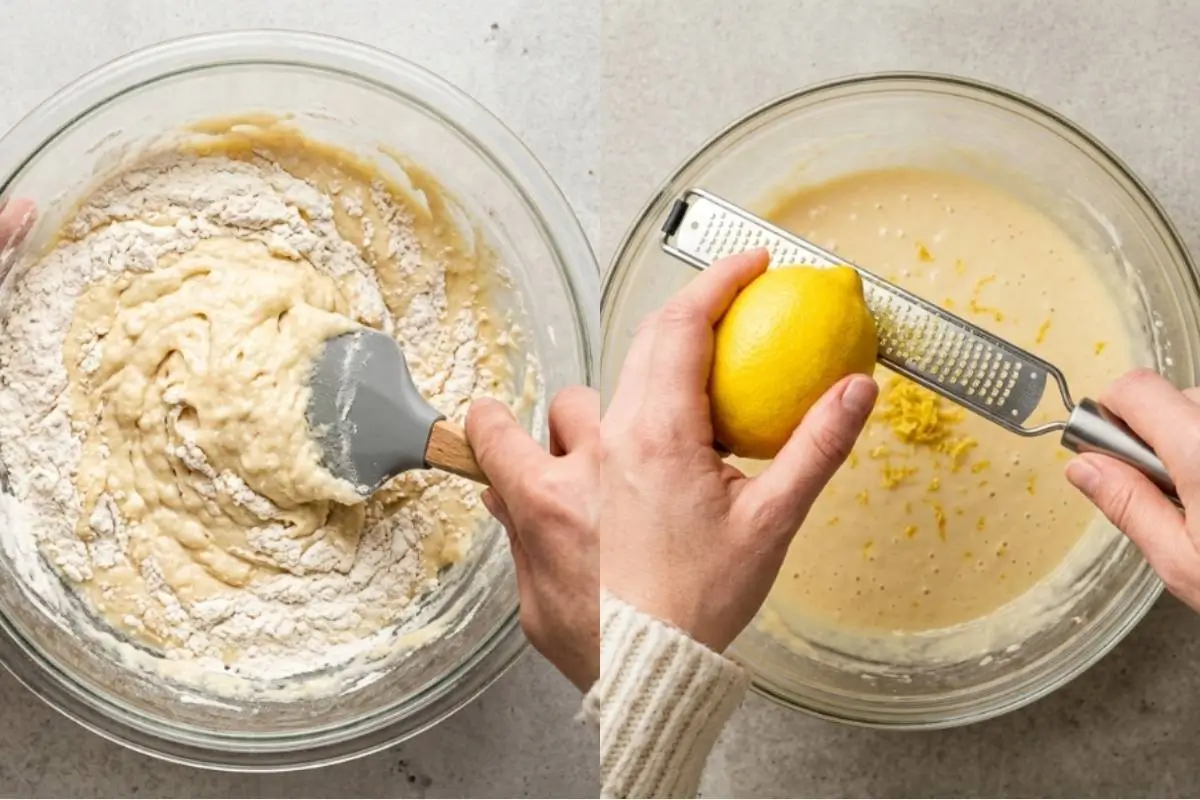 Elena’s No-Fail Tips For Your Lemon Ricotta Cake Recipe A side-by-side view showing the gentle process of making a lemon ricotta cake recipe, with one image showing flour being carefully folded into the batter with a spatula, and the other showing a fresh, bright yellow lemon being zested directly into the glass bowl.