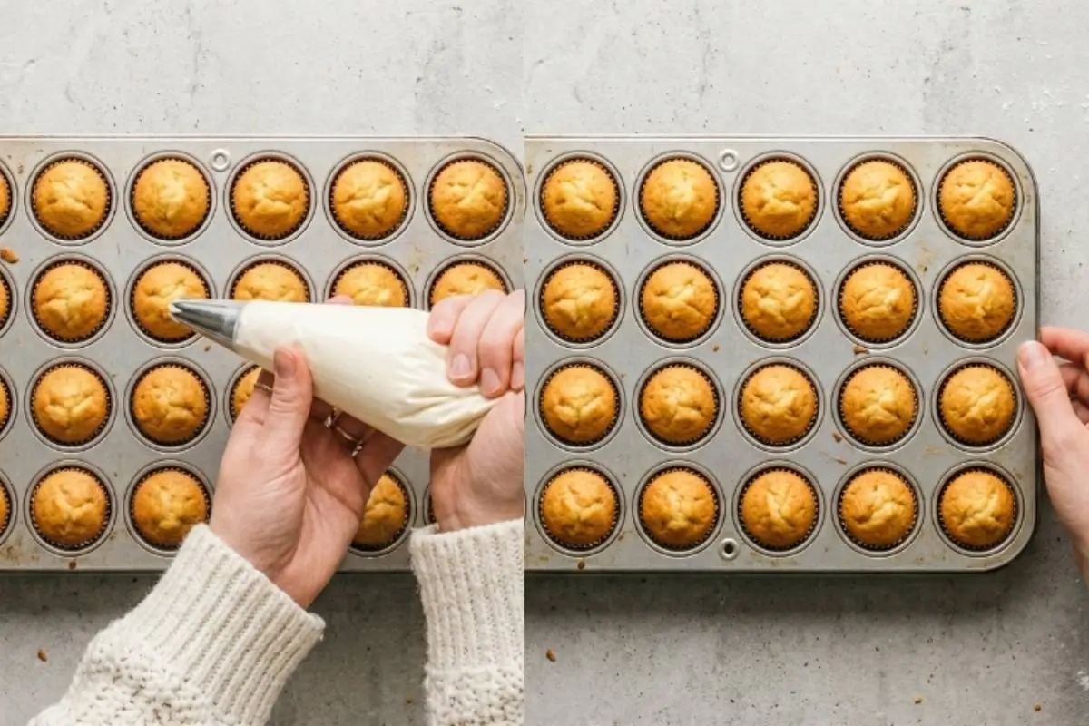 Elena’s No-Fail Tips For Your Mini Cupcakes A side-by-side visual demonstrating Elena's no-fail tips for your mini cupcakes, showing warm hands holding a piping bag ready to frost a rustic metal tin full of perfectly golden, freshly baked bite-sized cakes.