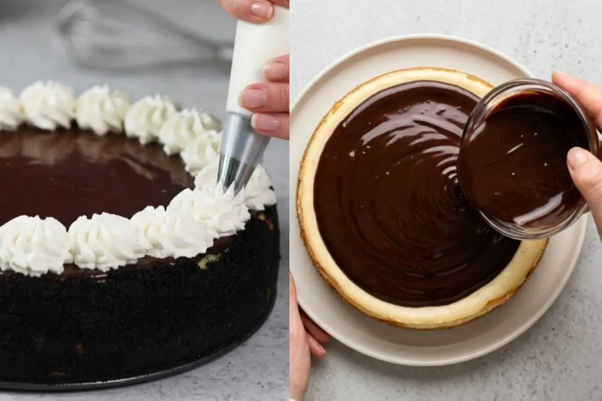 Elena’s No-Fail Tips For Your Oreo Cheesecake A split-screen view demonstrating decorating techniques for an Oreo cheesecake, showing a hand pouring glossy chocolate ganache from a small glass bowl onto the cheesecake surface, alongside another hand using a pastry bag to pipe fresh whipped cream rosettes around the dark cookie crust.