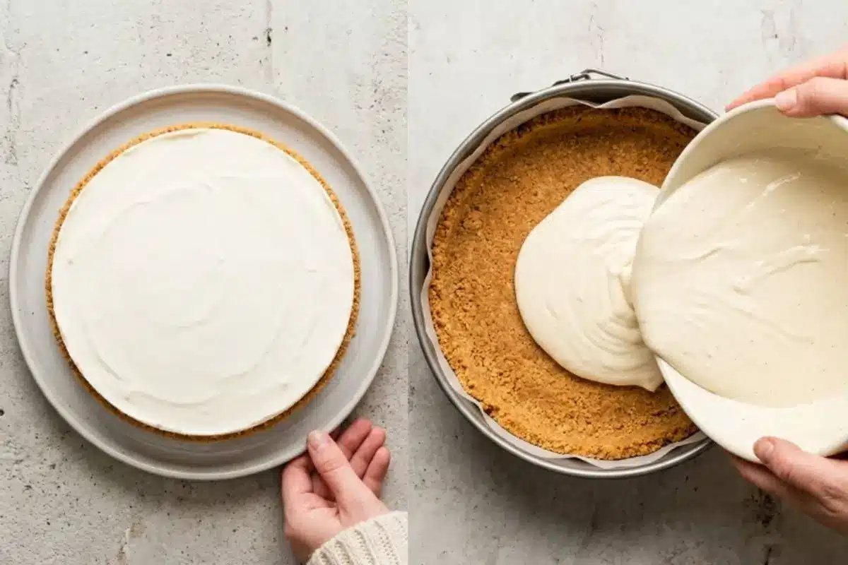Elena’s No-Fail Tips For Your Philadelphia No Bake Cheesecake A split-screen view showing a smooth, creamy filling being poured from a white bowl into a graham cracker crust, alongside a perfectly set Philadelphia no-bake cheesecake resting on a simple, light grey plate.