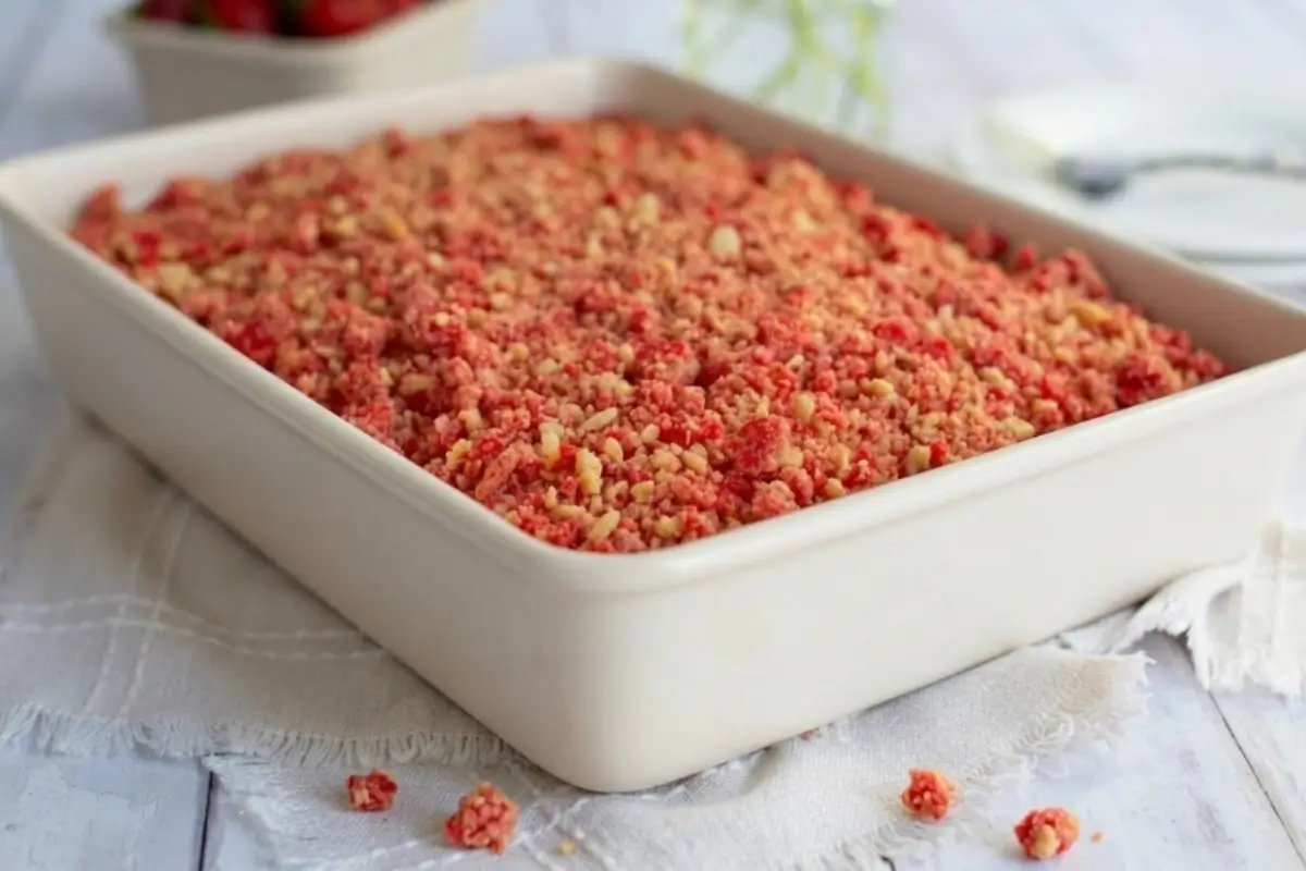 Elena’s No-Fail Tips For Your Strawberry Crunch Cake A cozy, warm-lit shot of a finished strawberry crunch cake in a baking dish, topped with a thick, golden-pink crumb layer sitting on a rustic linen cloth.