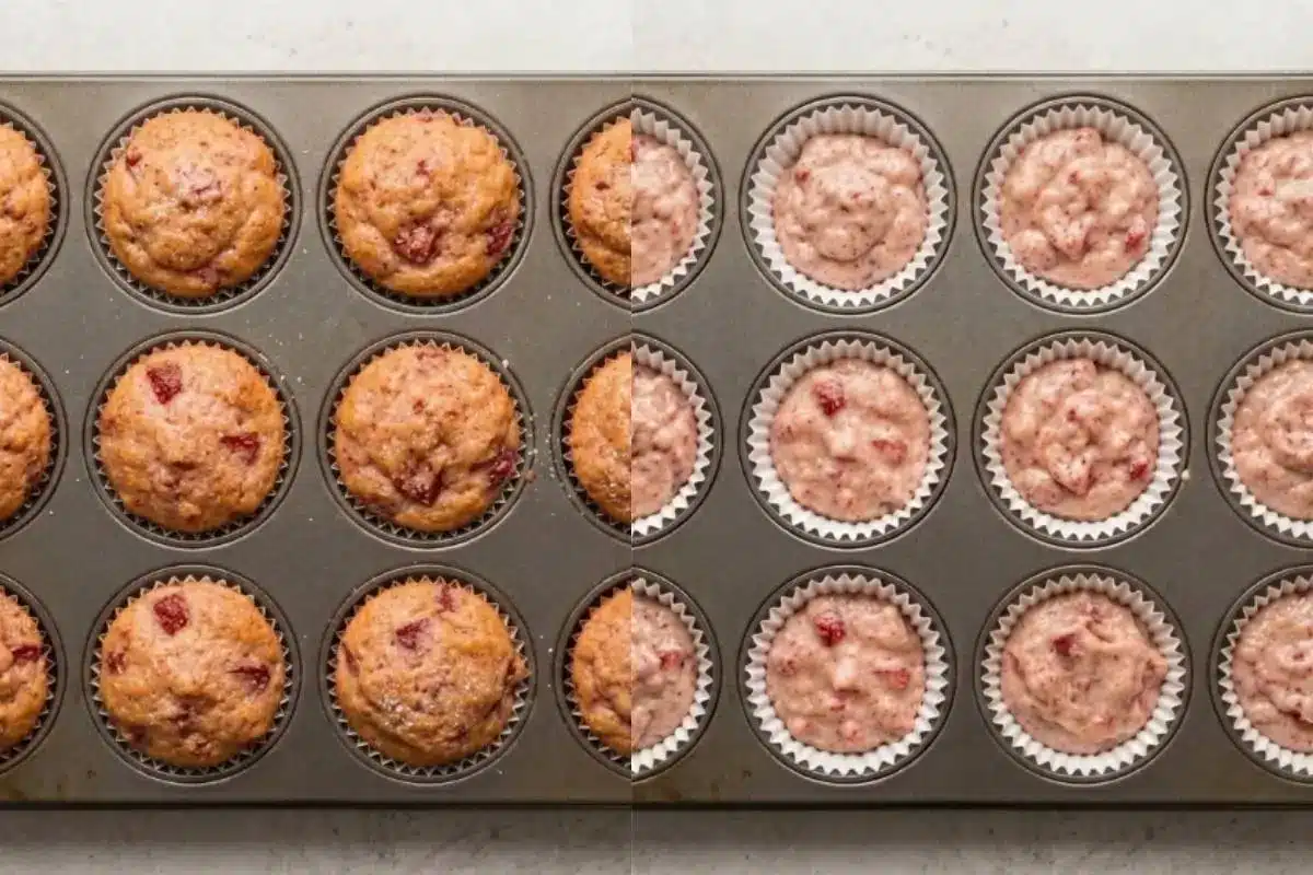 A side-by-side view of a metal baking tin resting on a bright surface, showing raw, pink fresh strawberry cookie dough scooped into white paper liners on the right, and the perfectly golden, baked strawberry cookie cups speckled with fruit on the left.