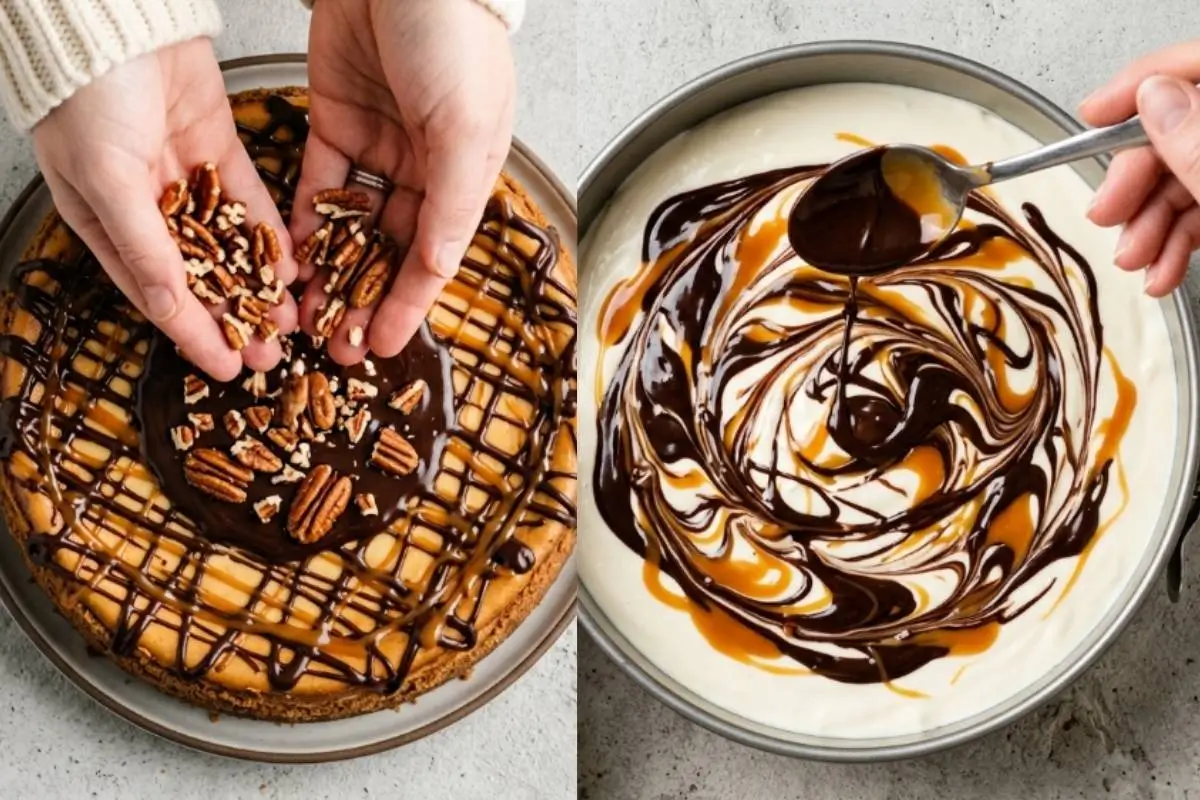 Elena’s No-Fail Tips For Your Turtle Cheesecake A split image demonstrating no-fail tips for your turtle cheesecake, showing a hand on the right gently swirling rich caramel and chocolate sauces into a creamy batter with a spoon, and hands on the left sprinkling chopped pecans over a finished, chocolate-glazed cheesecake.