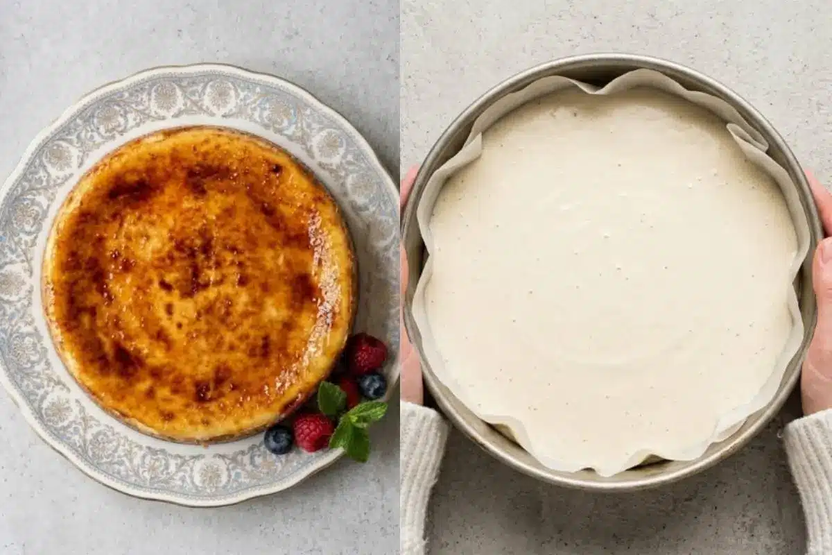 Elena’s No-Fail Tips For Your Vegan Ricotta Cheesecake A side-by-side view showing smooth, unbaked vegan ricotta cookie dough in a parchment-lined round baking tin on the right, and the beautifully baked, golden-brown giant vegan ricotta cookie resting on a vintage floral plate on the left, elegantly garnished with fresh raspberries, blueberries, and mint.