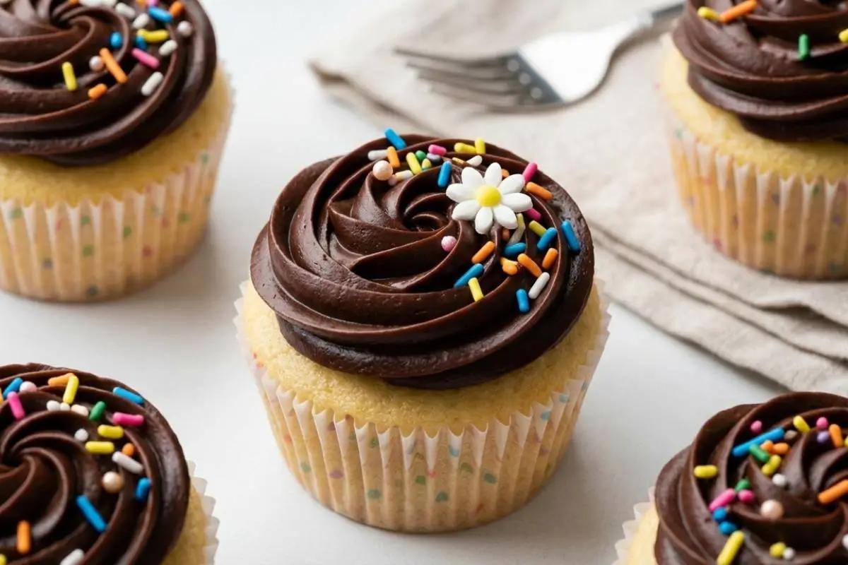 The Best Gluten-Free Cupcakes: A Foolproof, No-Grit Recipe Everyone Will Love 3 A close-up of a freshly baked vanilla gluten-free cupcake topped with a generous swirl of dark chocolate frosting, colorful sprinkles, and a small icing daisy, sitting on a bright surface next to a rustic linen napkin.