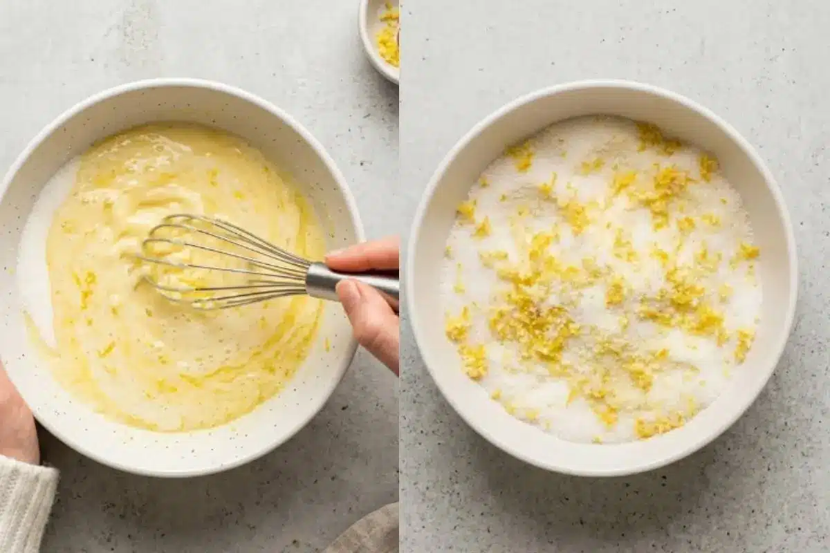 Golden Rule For Lemon Cupcakes A side-by-side visual demonstrating the golden rule for lemon cupcakes, showing hands whisking a bright, creamy batter on the left, and fresh yellow lemon zest being rubbed into white granulated sugar in a rustic bowl on the right.