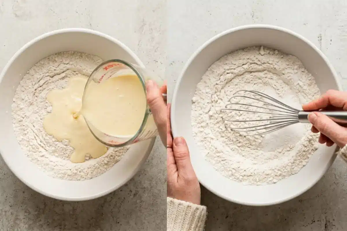 Golden Rule Step-by-Step For Birthday Cupcakes A side-by-side view showing the step-by-step process for mixing homemade birthday cupcakes, featuring a hand gently whisking dry ingredients in a white bowl and a smooth wet mixture being carefully poured into a well in the center of the flour.