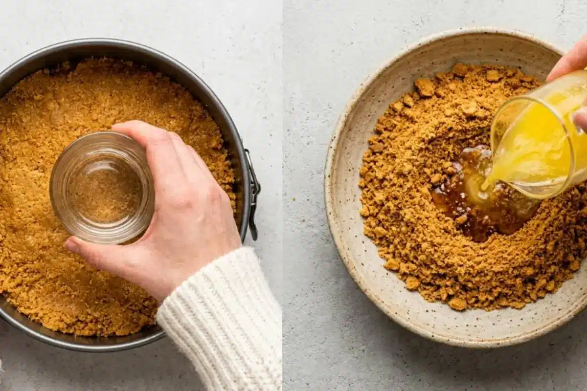 _Golden Rule Step-by-Step For Biscoff Cheesecake A side-by-side view showing the step-by-step process for making a Biscoff cheesecake crust, featuring warm melted butter being poured into a rustic bowl of crushed Biscoff cookies, and a hand gently pressing the crumb mixture into a metal springform pan.