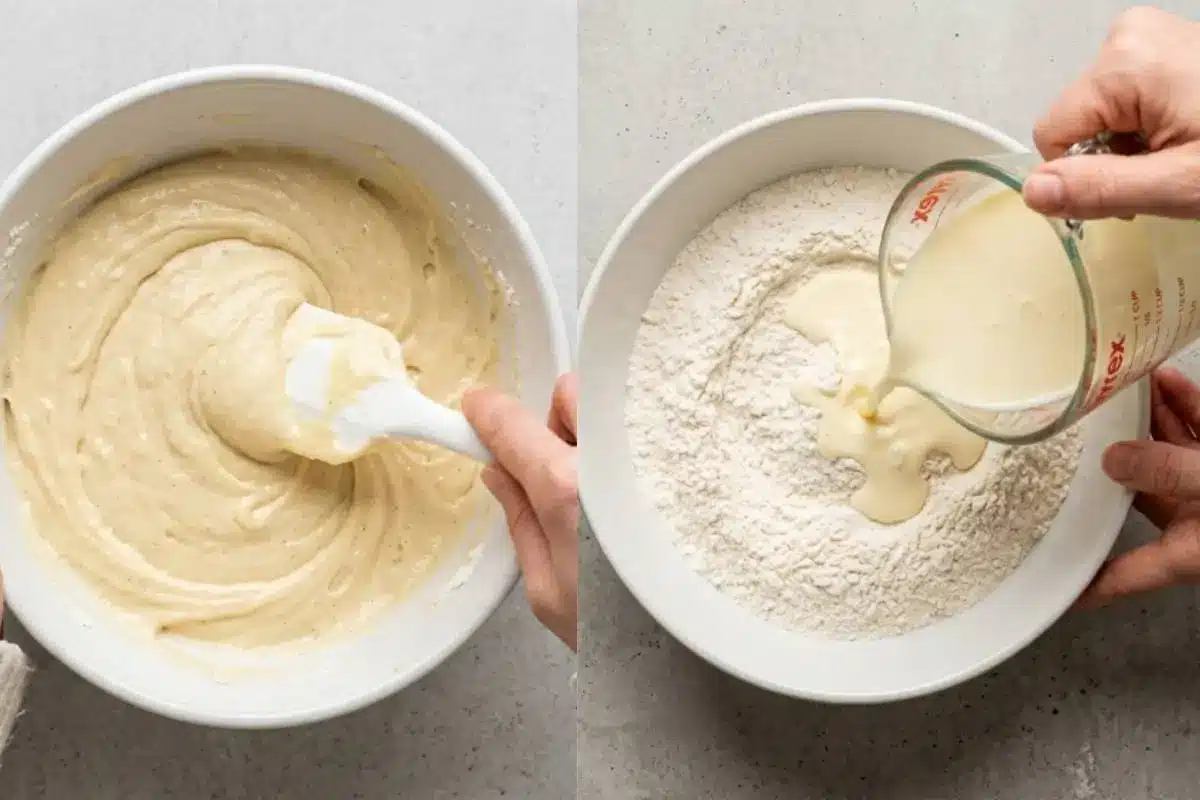 Golden Rule Step-by-Step For Christmas Cupcakes A side-by-side view showing the step-by-step mixing process for magical Christmas cupcakes, featuring a hand carefully pouring a smooth wet mixture into a well of dry flour on the right, and a white spatula gently folding the finished batter on the left.