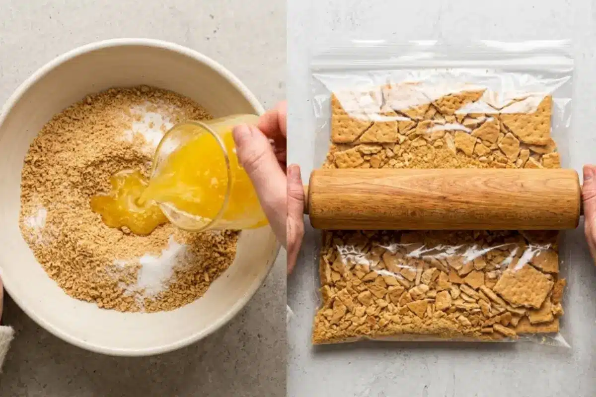 Golden Rule Step-by-Step For Philadelphia No-Bake Cheesecake A split-screen view demonstrating the step-by-step process for a Philadelphia no-bake cheesecake crust, featuring a wooden rolling pin crushing graham crackers in a clear bag next to a rustic bowl where warm melted butter is poured into the sweet crumbs.