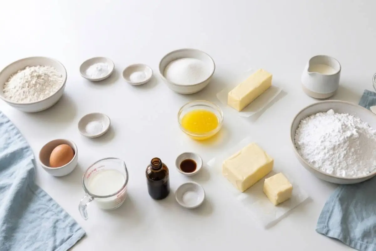 Ingredients For Mini Cupcakes A beautiful, rustic flat lay of simple ingredients for mini cupcakes, including soft butter, fresh milk, eggs, and vanilla extract, arranged on a bright surface with a soft blue linen napkin.