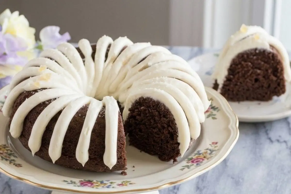 _Ingredients For The Most Comforting Chocolate Chip Bundt Cake A rich and comforting chocolate chip bundt cake generously drizzled with thick white icing, presented on a vintage floral plate with a single slice removed and ready to serve.