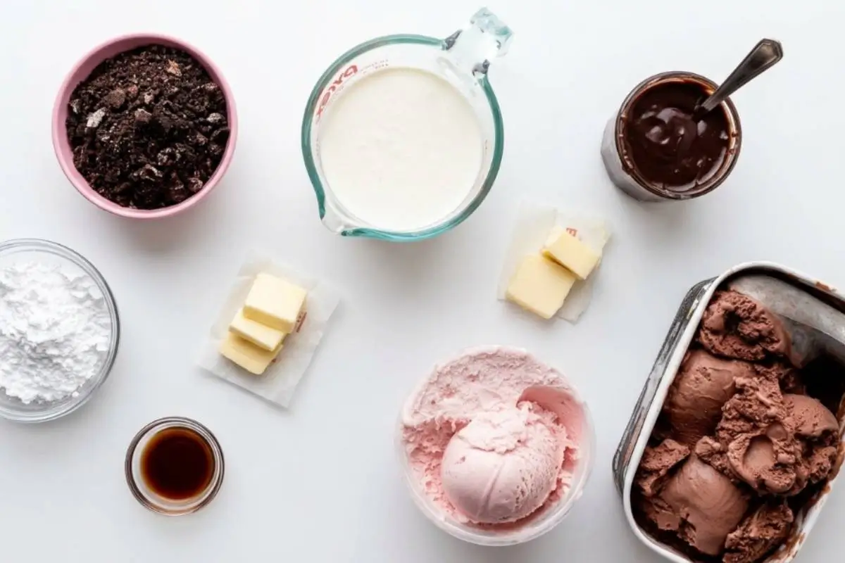 Ingredients For Your Ice Cream Cake Recipe A top-down view of the simple, comforting ingredients needed for a homemade ice cream cake recipe, featuring crushed chocolate cookies, scoops of strawberry and chocolate ice cream, fresh butter, milk, vanilla, and rich hot fudge arranged on a bright surface.