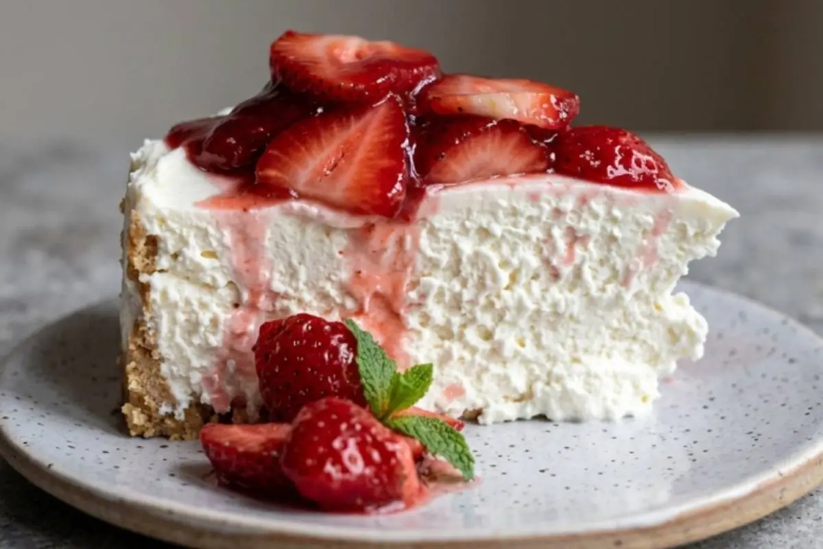 Italian Cheesecake Recipe A beautiful, thick slice of our giant Italian ricotta cookie recipe, featuring a fluffy, creamy center and a rustic crust, generously topped with fresh strawberries and a sweet glaze on a cozy speckled ceramic plate.