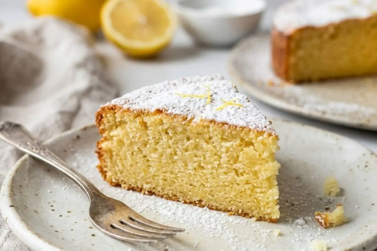 The Most Comforting Lemon Ricotta Cake Recipe (Easy!) 3 A slice of moist Italian Lemon Ricotta Cake dusted with powdered sugar, served on a rustic white plate with the rest of the cake nearby on a wooden table.